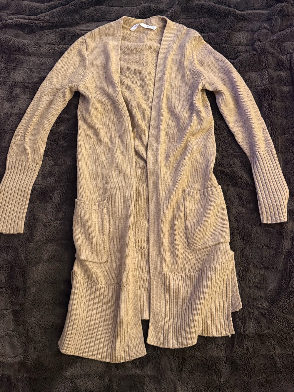 Athleta Beige Open-Front Rib Trim Long Cardigan